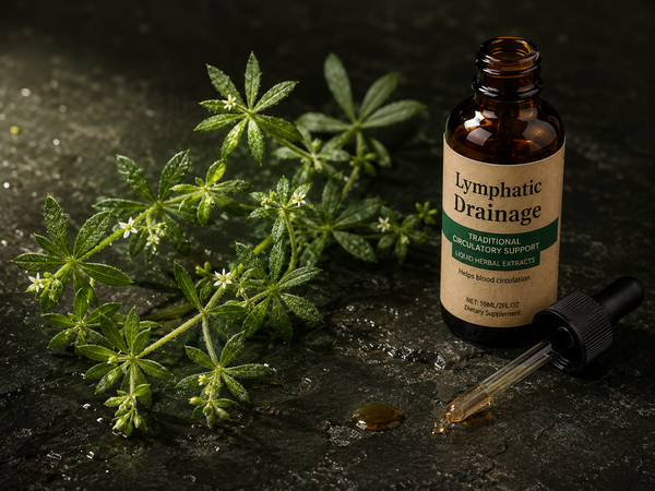 Cleavers (Galium aparine) with OPTISTASIS Lymphatic Drainage Drops on dark slate — cleanse and drain