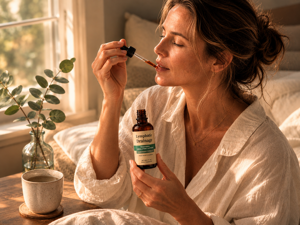 Woman in her 40s taking OPTISTASIS Lymphatic Drainage Drops in soft morning bedroom light