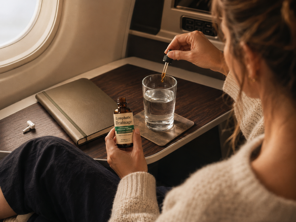 OPTISTASIS Lymphatic Drainage Drops on a business class tray table — a small wellness moment between flights