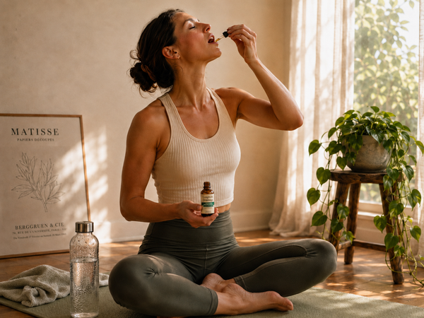 Woman taking OPTISTASIS Lymphatic Drainage Drops on a yoga mat post-movement in golden morning light