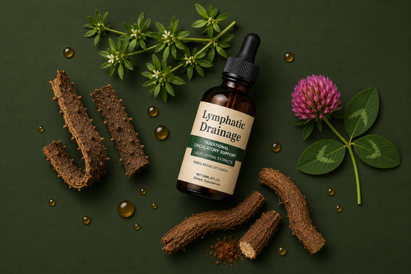 OPTISTASIS Lymphatic Drainage Drops with all four botanicals — flat lay