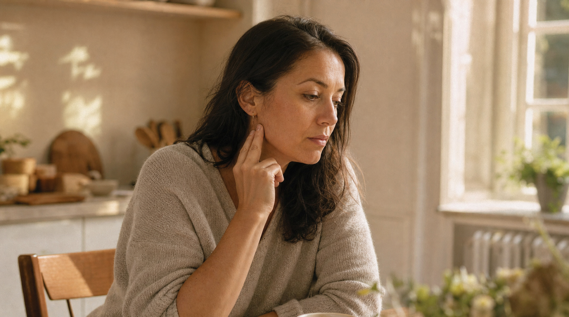 Woman at kitchen table, hand pressed to jawline, lost in thought