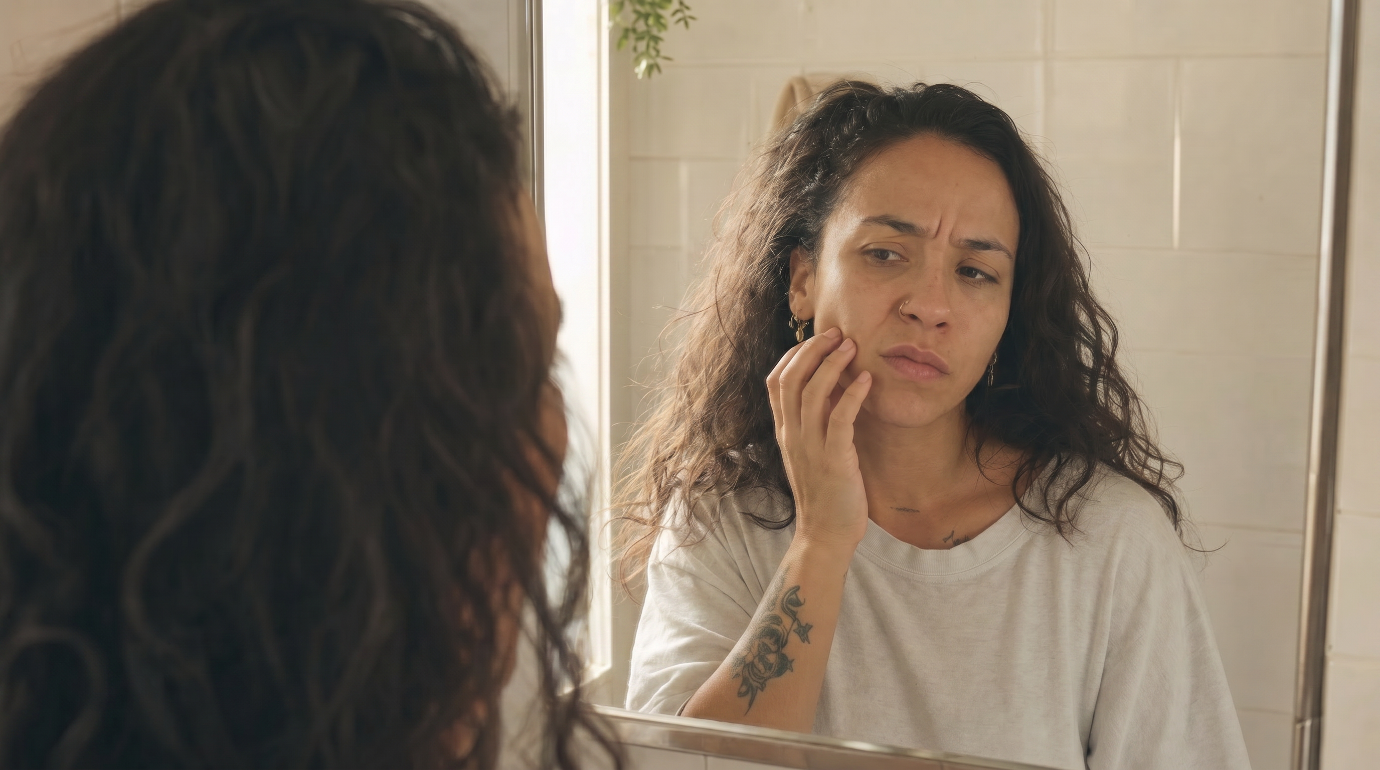 Woman looking in bathroom mirror, frustrated at facial puffiness, morning