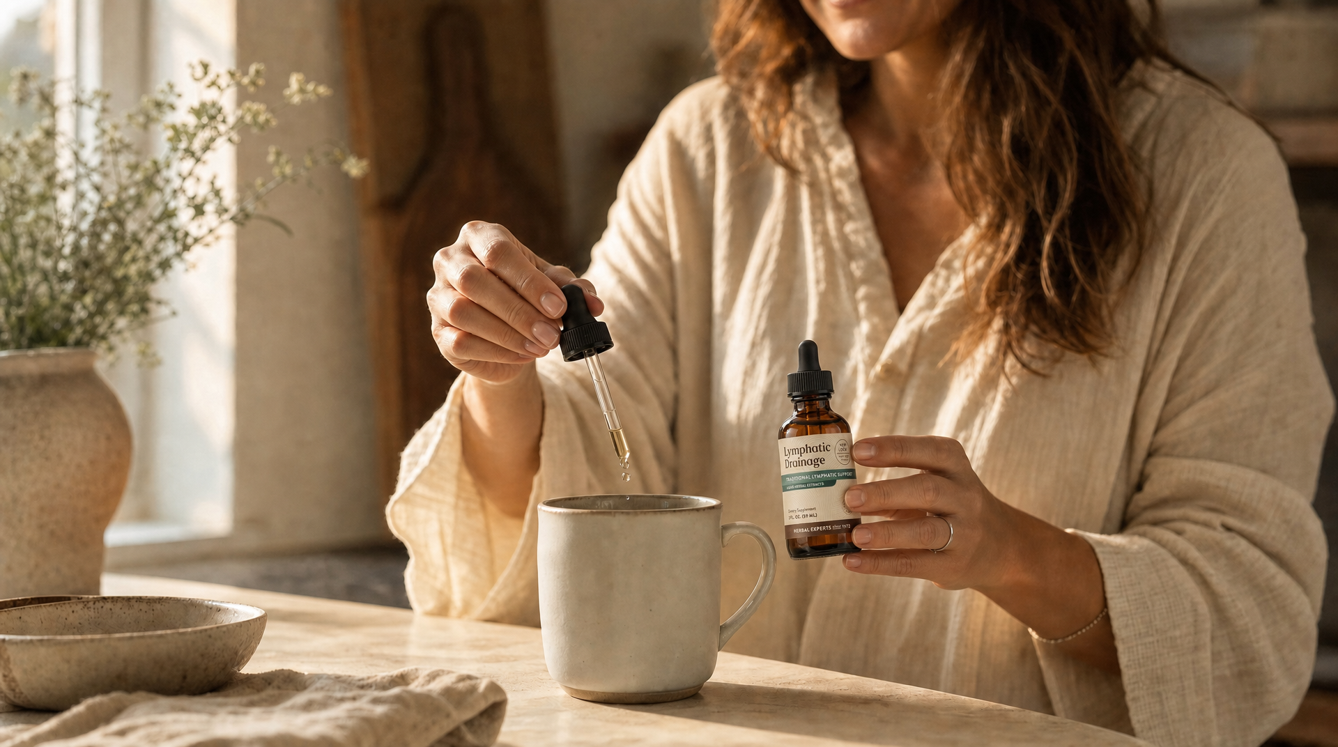 Woman adding lymphatic drainage drops to morning tea